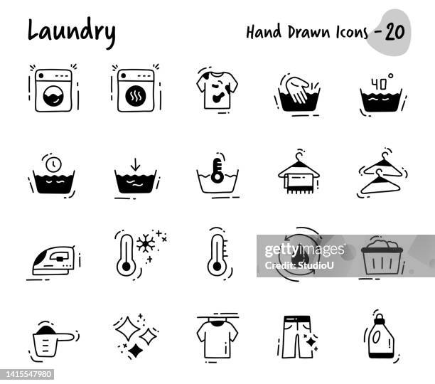 handgezeichnete wäscherei-symbole - wäsche stock-grafiken, -clipart, -cartoons und -symbole