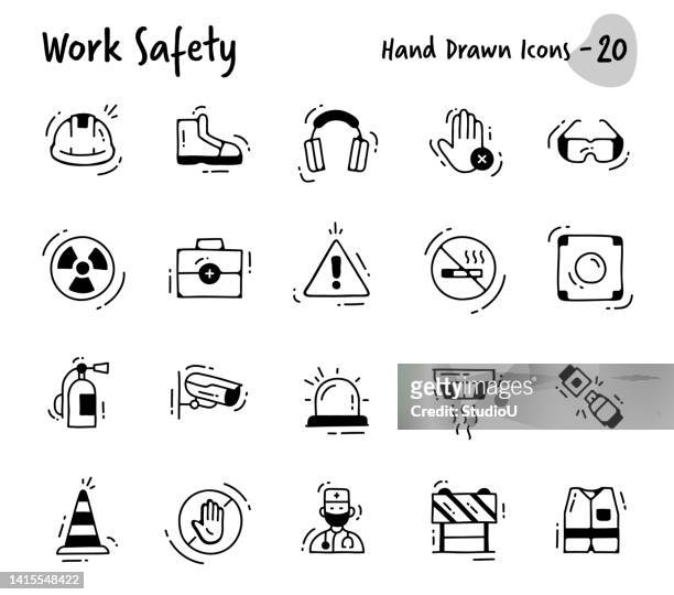 stockillustraties, clipart, cartoons en iconen met work safety hand drawn icons - opgepast gladde vloer