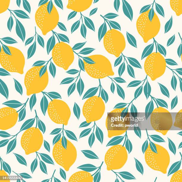 ilustraciones, imágenes clip art, dibujos animados e iconos de stock de patrón sin costuras de limón. - limon