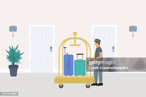 bellboy with luggage trolley in hotel corridor - bell boy stock illustrations