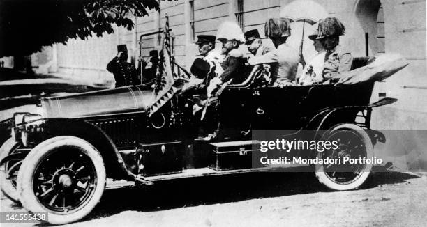 The Archduke and Archduchess of Austria Francis Ferdinand and Sophie Chotek sitting in their car, moments before being assassinated by the...