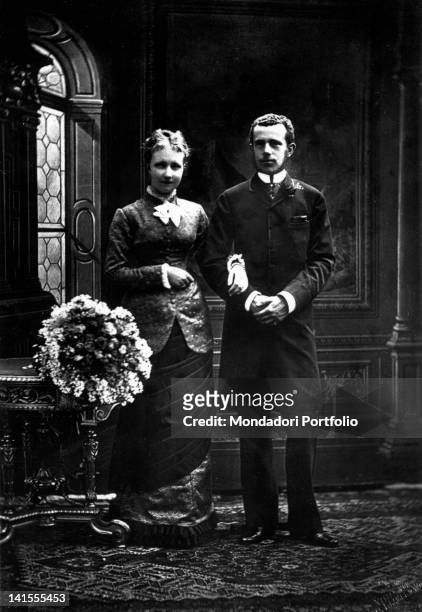 Archduke Rudolf of Habsburg-Lorraine, heir to the throne of Austria-Hungary, posing arm in arm with his wife Stephanie, Princess of Belgium. 1890s