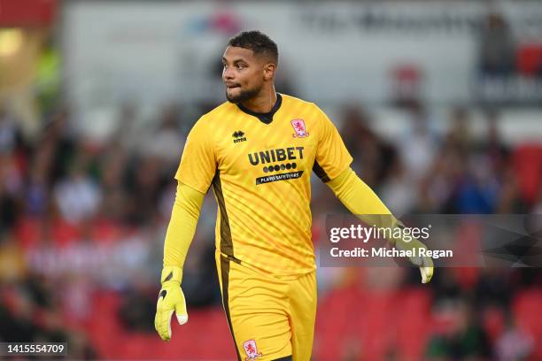 Zack Steffen of Middlesborough in action during the Sky Bet Championship between Stoke City and Middlesbrough at Bet365 Stadium on August 17, 2022 in...