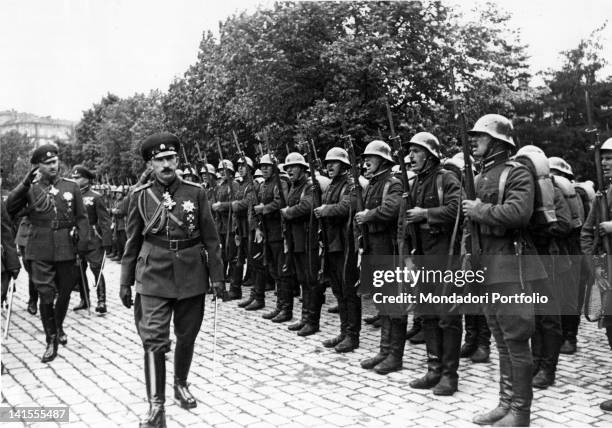 King Boris III of Bulgaria inspecting the troops lined up to pay homage to him. Sofia, May 1942