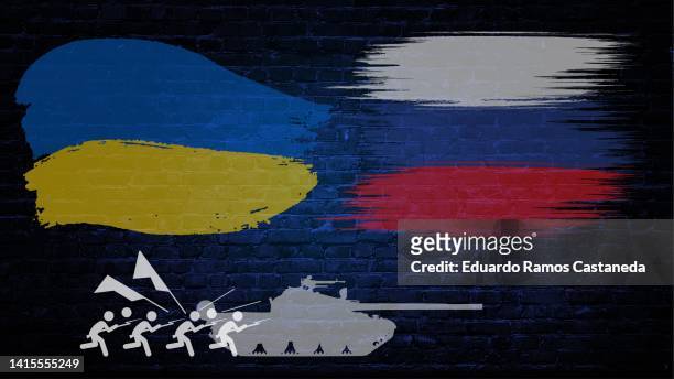 russia vs ukraine flag on a brick wall. concept of war between ukraine and russia - ukraine fotografías e imágenes de stock
