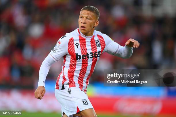 Dwight Gayle of Stoke City in action during the Sky Bet Championship between Stoke City and Middlesbrough at Bet365 Stadium on August 17, 2022 in...