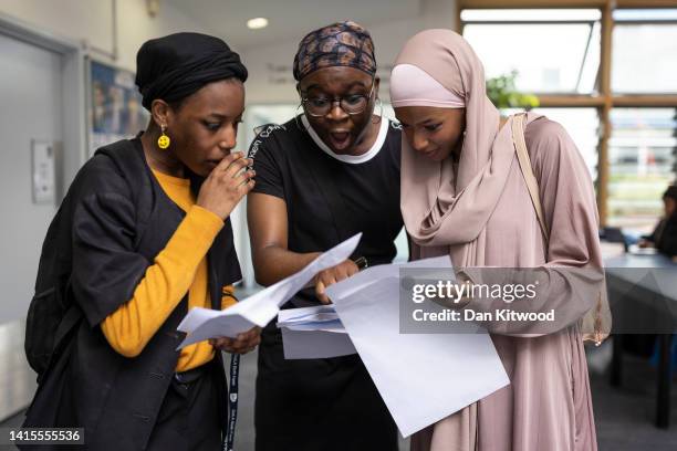 Students at The City of London Academy in Southwark receive their A-Level results on August 18, 2022 in London, United Kingdom. This is the first...