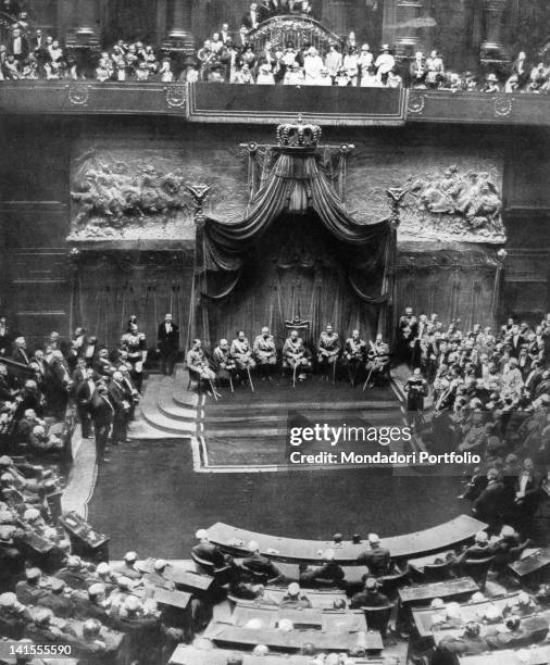 King Victor Emmanuel III, Queen Elena and Prince Umberto attending the inauguration of the new Parliament at Montecitorio. Rome, 24th May 1924