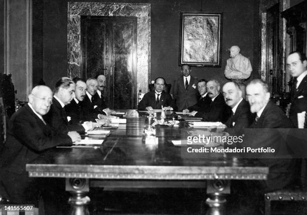 The Italian head of the government Benito Mussolini chairing the Comitato Permanente del grano on its first meeting at palazzo Chigi. Rome, 4th June...