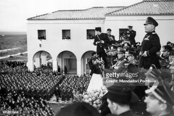 Head of Government Benito Mussolini taking part in the inauguration of the first rural settlements in Agro Pontino. Pomezia, 29th October 1939