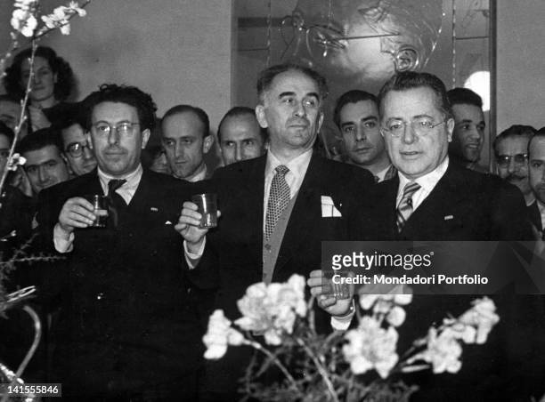 Italian politicians Pietro Secchia, Luigi Longo and Palmiro Togliatti taking part in a reception at the headquarters of the Communist Party on Via...