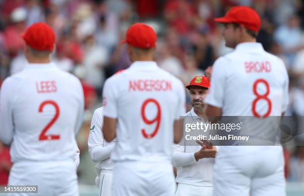 Dean Elgar of South Africa wearing a red hat during day two of the first LV=Insurance test match between England and Australia at Lord's Cricket...