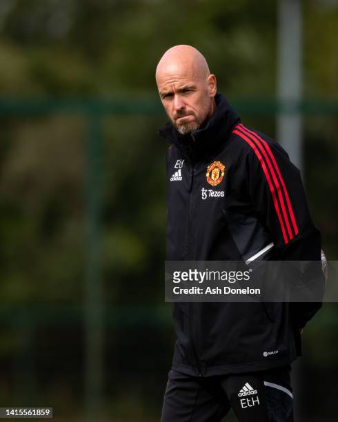 Manager Erik ten Hag of Manchester United in action during a first team training session at Carrington Training Ground on August 17, 2022 in...