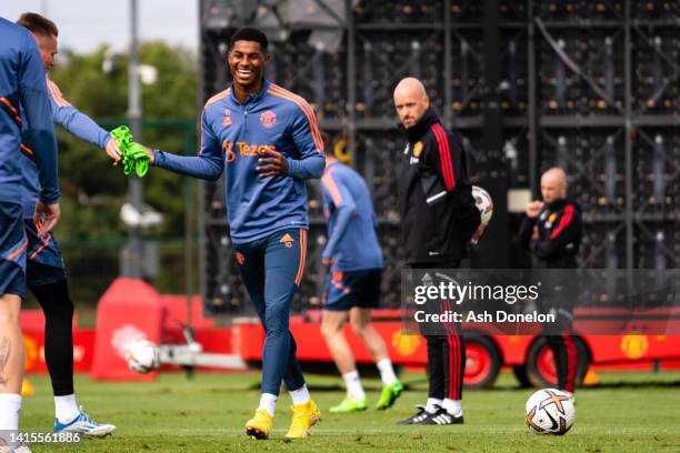 Manager Erik ten Hag of Manchester United in action during a first team training session at Carrington Training Ground on August 17, 2022 in...