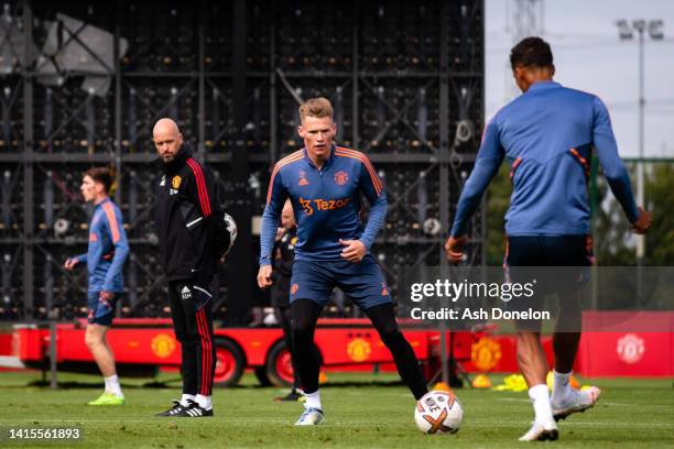 Scott McTominay of Manchester United in action during a first team training session at Carrington Training Ground on August 17, 2022 in Manchester,...