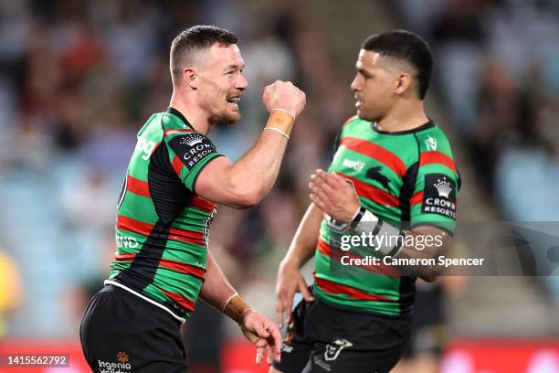 Damien Cook of the Rabbitohs reacts during the round 23 NRL match between the South Sydney Rabbitohs and the Penrith Panthers at Accor Stadium, on...
