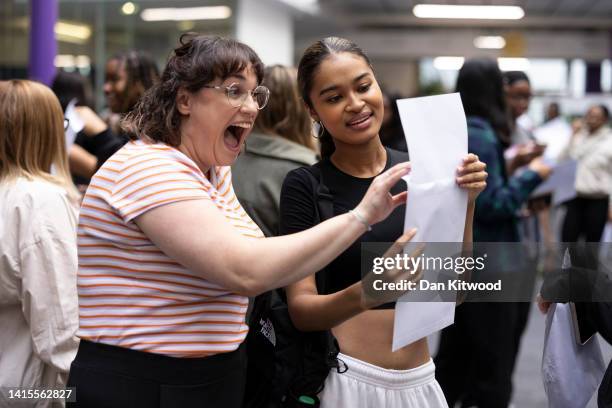 Student Maya Adams of The City of London Academy in Southwark opens her A-Level results with her drama teacher Ms Young on August 18, 2022 in London,...