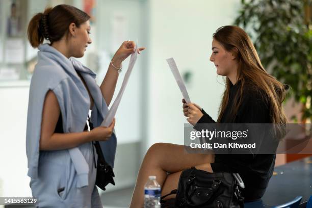 Students Madison Smith-McCabe and Ellie Somm of the The City of London Academy in Southwark receive their A-Level results on August 18, 2022 in...