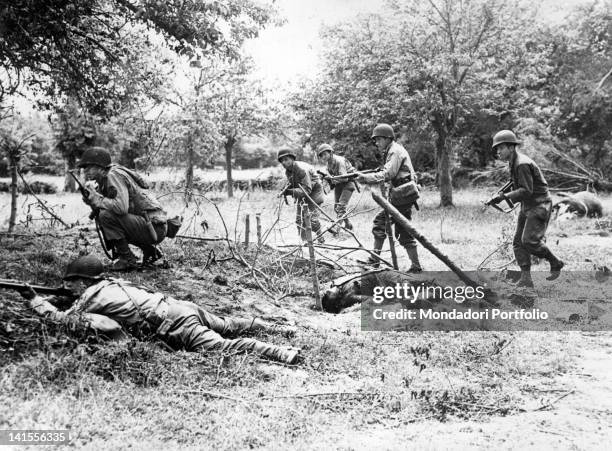 Army soldiers passing a fallen German soldier and the carcass of an animal during a rounding-up operation. Cherbourg-Octeville, June 1944