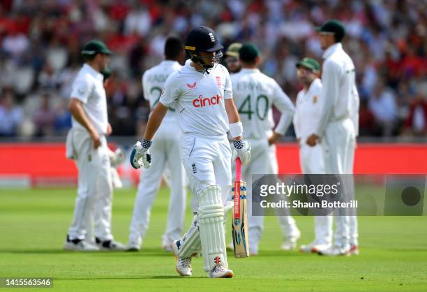 Ollie Pope of England looks dejected after being bowled by Kagiso Rabada of South Africa during day two of the First LV= Insurance Test Match between...
