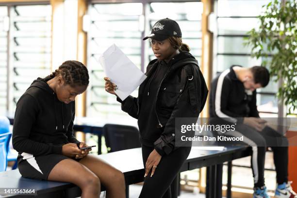 Students at The City of London Academy in Southwark receive their A-Level results on August 18, 2022 in London, United Kingdom. This is the first...