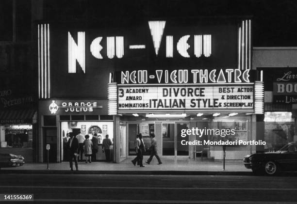 The billboard of the New View Theatre in Hollywood Boulevard showing the movie 'Divorce, Italian Style' by Pietro Germi. Los Angeles, 1963