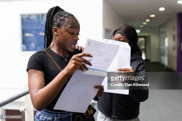 Student Faith Soyer of The City of London Academy in Southwark receives her A-Level results on August 18, 2022 in London, United Kingdom. This is the...