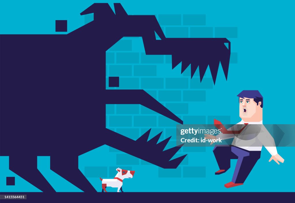 Businessman surprising while meeting puppy with furious dog shadow