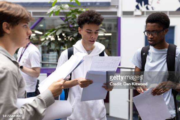 Students Kevin Matyszewski, Josh Collins and Abdullai Luwalat from The City of London Academy in Southwark receive their A-Level results on August...