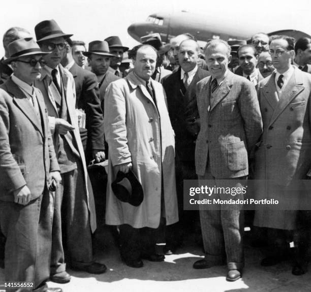 Achille Marazza Sandro Pertini and other representatives of the Committee of National Liberation just arrived at Rome airport. Rome, May 1945