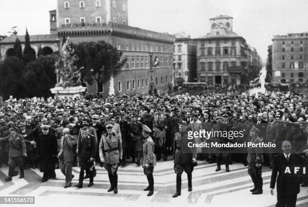 High Fascist and Nazi officials Francesco Barracu, Rainer Stahel, Rodolfo Graziani and Renato Ricci heading for the Altar of the Homeland. Rome, 1st...