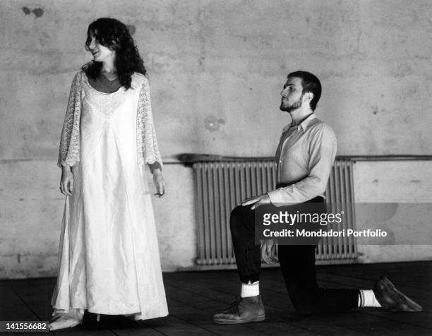 The Italian actors Massimo Foschi and Elisabetta Carta rehearsing the tragedy 'Othello' directed by Gabriele Lavia at the Teatro dell'Arte. Milan,...
