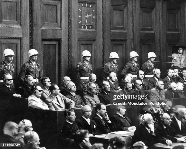 The German defendants Hermann Goering, Rudolf Hess, Joachim von Ribbentrop, Wilhelm Keitel, Ernst Kaltenbrunner, Alfred Rosenberg, Hans Frank,...