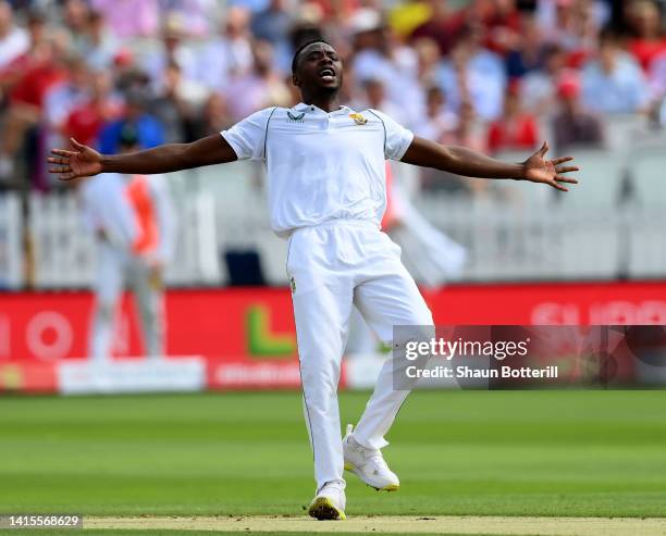 Kagiso Rabada of South Africa celebrates after trapping James Anderson of England LBW for his 5th wicket during day two of the First LV= Insurance...