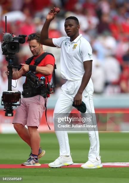 Kagiso Rabada of South Africa celebrates his five wickets during day two of the first LV=Insurance test match between England and Australia at Lord's...