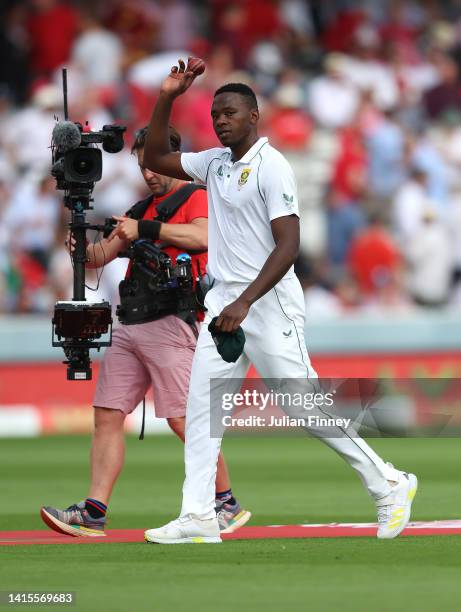 Kagiso Rabada of South Africa celebrates his five wickets during day two of the first LV=Insurance test match between England and Australia at Lord's...