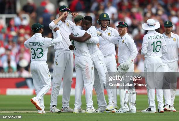 Kagiso Rabada of South Africa celebrates his five wickets during day two of the first LV=Insurance test match between England and Australia at Lord's...