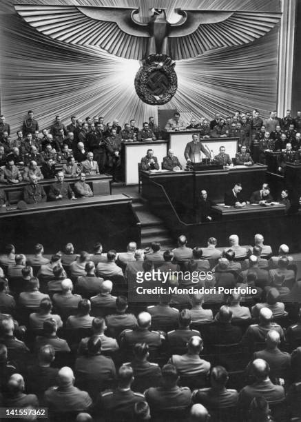 The Chancellor of the Third Reich Adolf Hitler speaking before the Reichstag at the presence of all the Nazi leaders.áBerlin, 4th May 1941