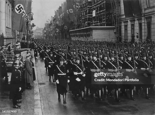 Parade of the SS Leibstandarte, the most important division of the Waffen-SS, between Berlin's streets in the presence of the Chancellor of the Third...