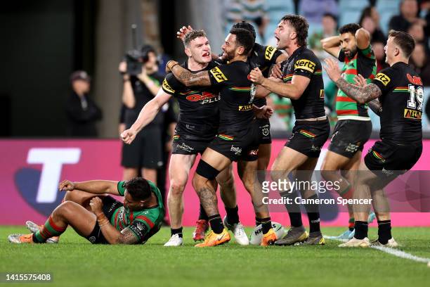Liam Martin of the Panthers celebrates after scoring a try during the round 23 NRL match between the South Sydney Rabbitohs and the Penrith Panthers...