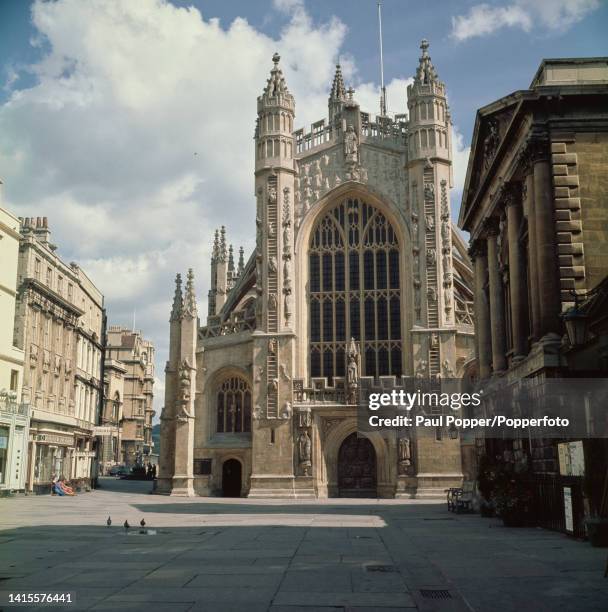 View from Abbey Churchyard of Bath Abbey, known as the Abbey Church of Saint Peter and Saint Paul, in the centre of the city of Bath in Somerset,...