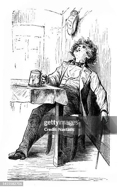 men drinking alcohol in a tavern sleeping - man drinking bottle stock illustrations