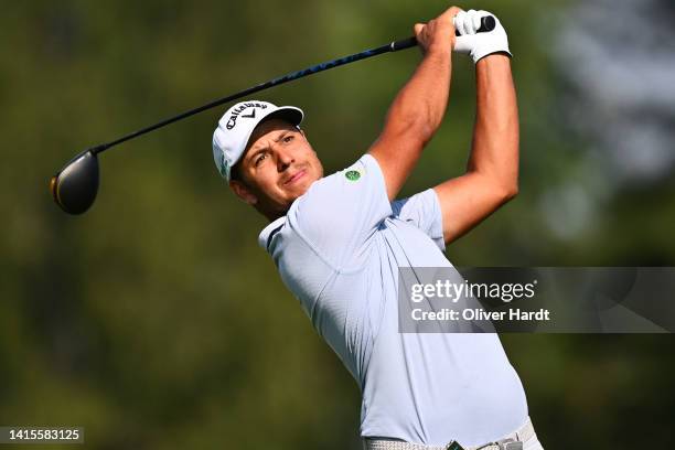 Enrico de Nitto of Italy plays his tee shot on the 01th hole on Day One of the Dormy Open at Österåkers Golfklubb on August 18, 2022 in Stockholm,...