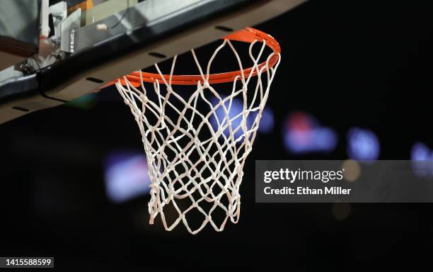 Basketball net and hoop are shown during Game One of the 2022 WNBA Playoffs first round between the Phoenix Mercury and the Las Vegas Aces at...