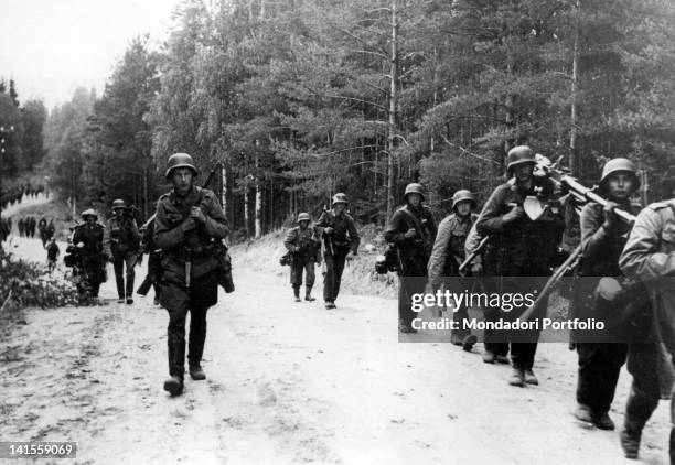 Finnish and German infantry advance through the woods in the Lake Ladoga area. Russia, September 1941