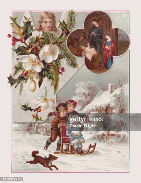 weihnachten, chromolithographie, erschienen 1887 - angels christmas stock-grafiken, -clipart, -cartoons und -symbole