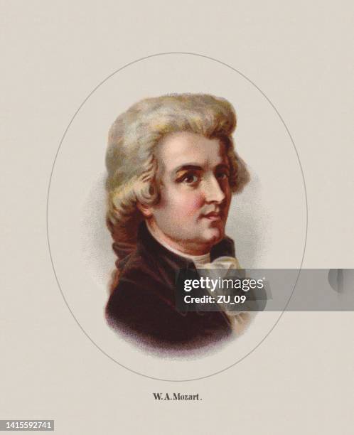 wolfgang amadeus mozart (austrian composer, 1756-1791), chromolithograph, published in 1887 - wolfgang amadeus mozart stock illustrations