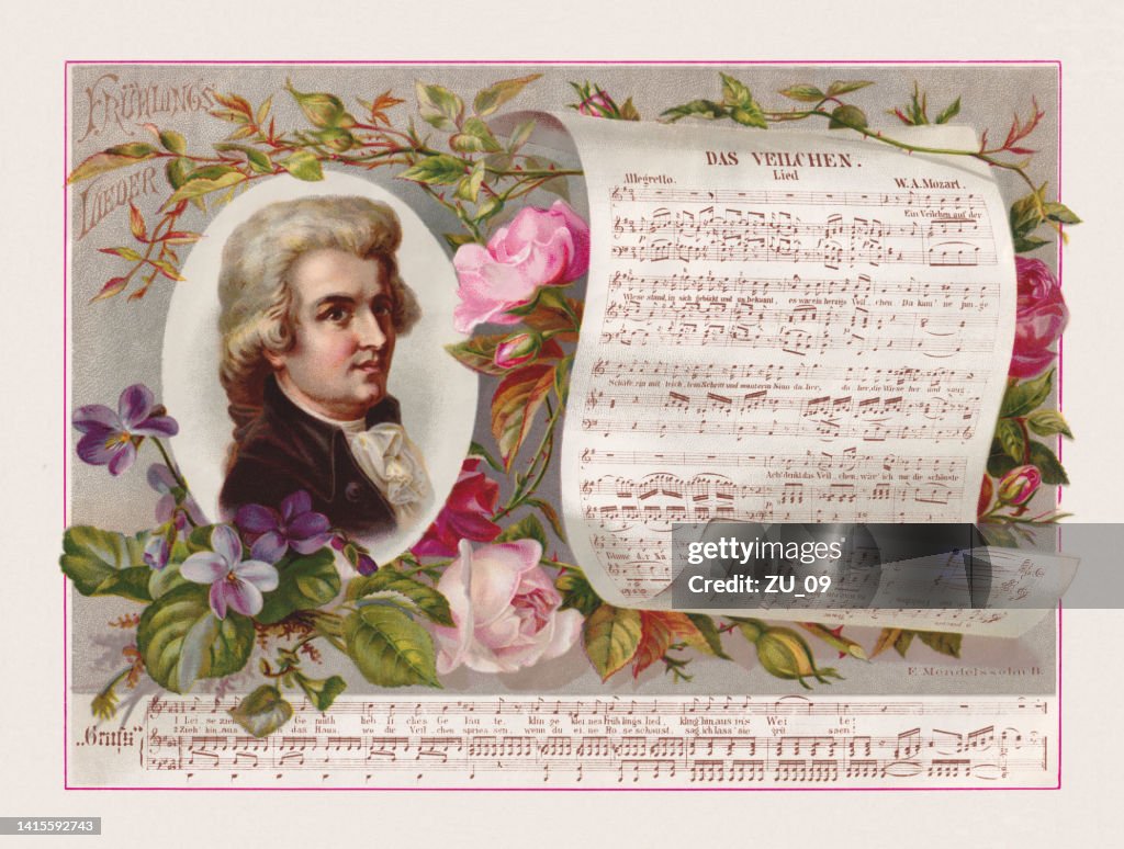 Wolfgang Amadeus Mozart et une partition, chromolithographie, publié en 1887
