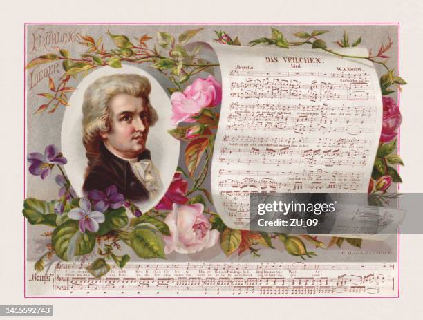 wolfgang amadeus mozart and a music sheet, chromolithograph, published 1887 - pansy stock illustrations