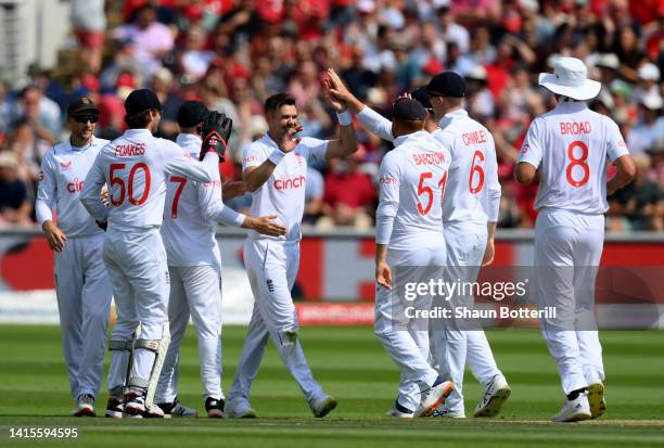 James Anderson of England is congratulated by team mates after taking the wicket of Dean Elgar of South Africa during day two of the First LV=...